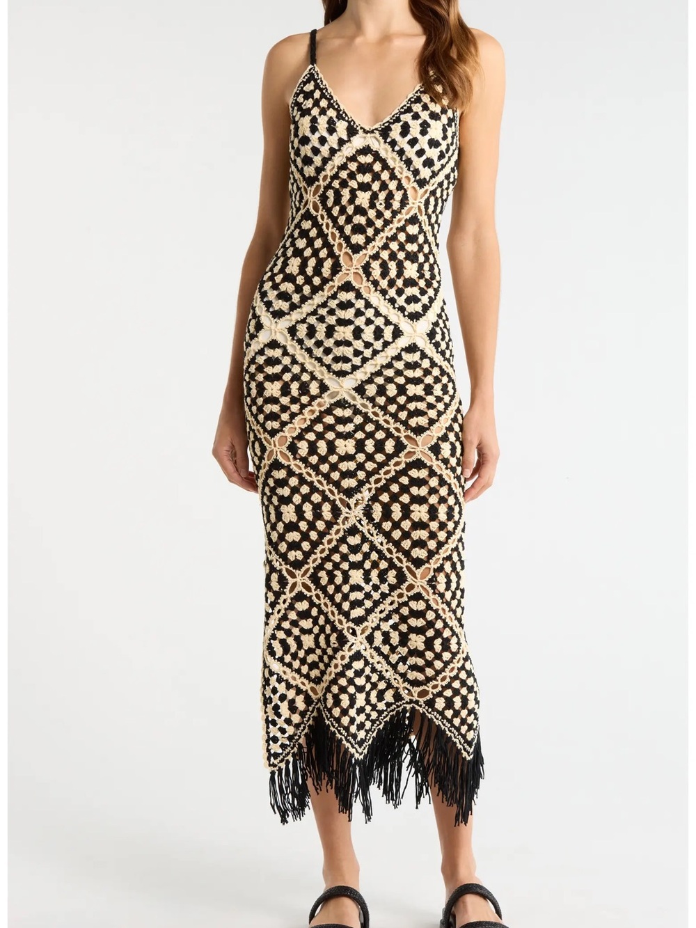 Elan Crochet Maxi Cover Up Dress Size Small Black Off White Cream Fringe NWT - Picture 4 of 15